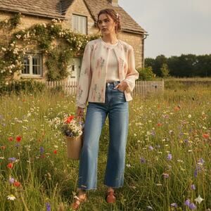 Vintage 90s Floral Pleated Jacket Lace Trim Sleeves Peach Womens M Easter